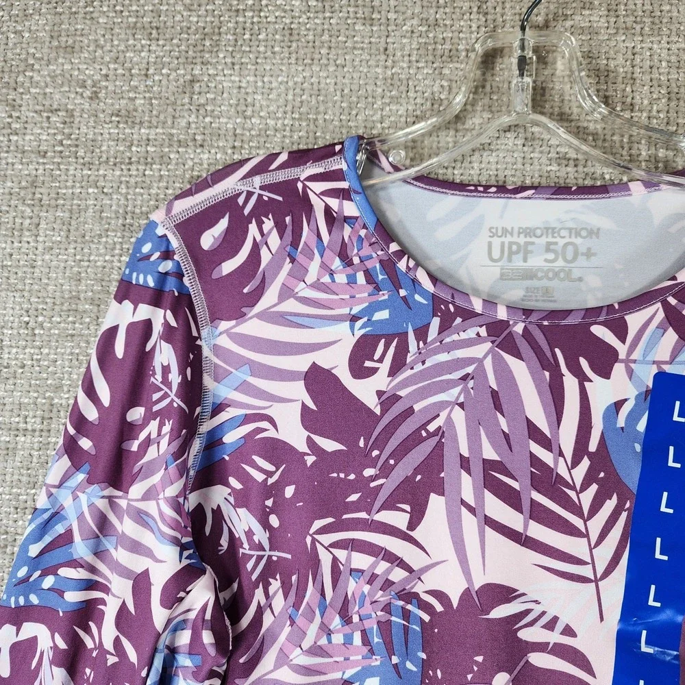 32 Degrees Cool Long Sleeve Rash Guard Womens L Purple Palm Leaf UPF 50+ NEW